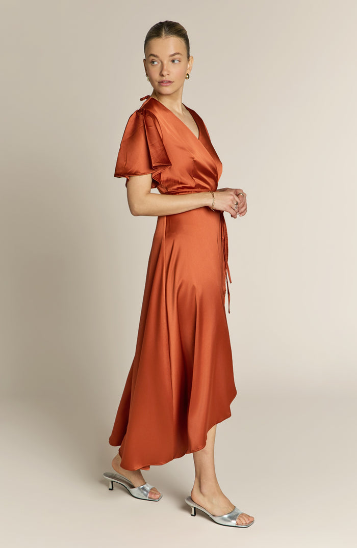 Florence Waterfall Dress in Burnt Orange Satin