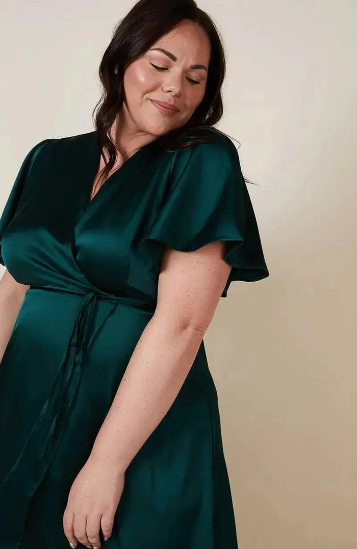Florence Waterfall Dress in Forest Green Satin Rewritten London