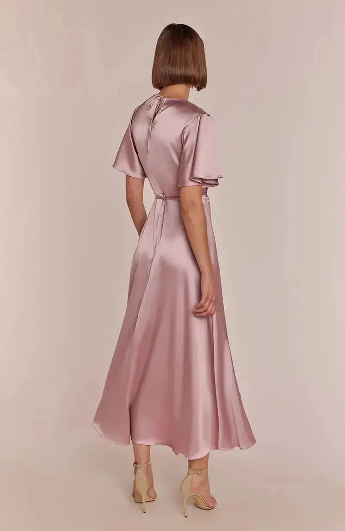 Florence Waterfall Dress in Rose Pink Satin Rewritten London