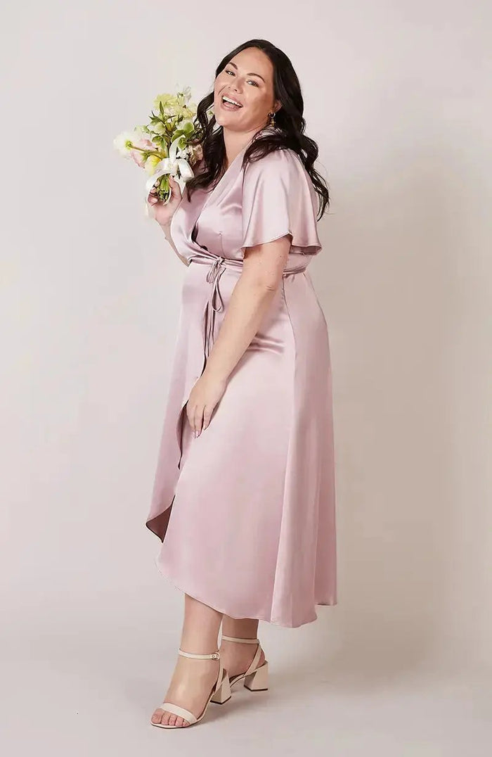 Florence Waterfall Dress in Rose Pink Satin Rewritten London