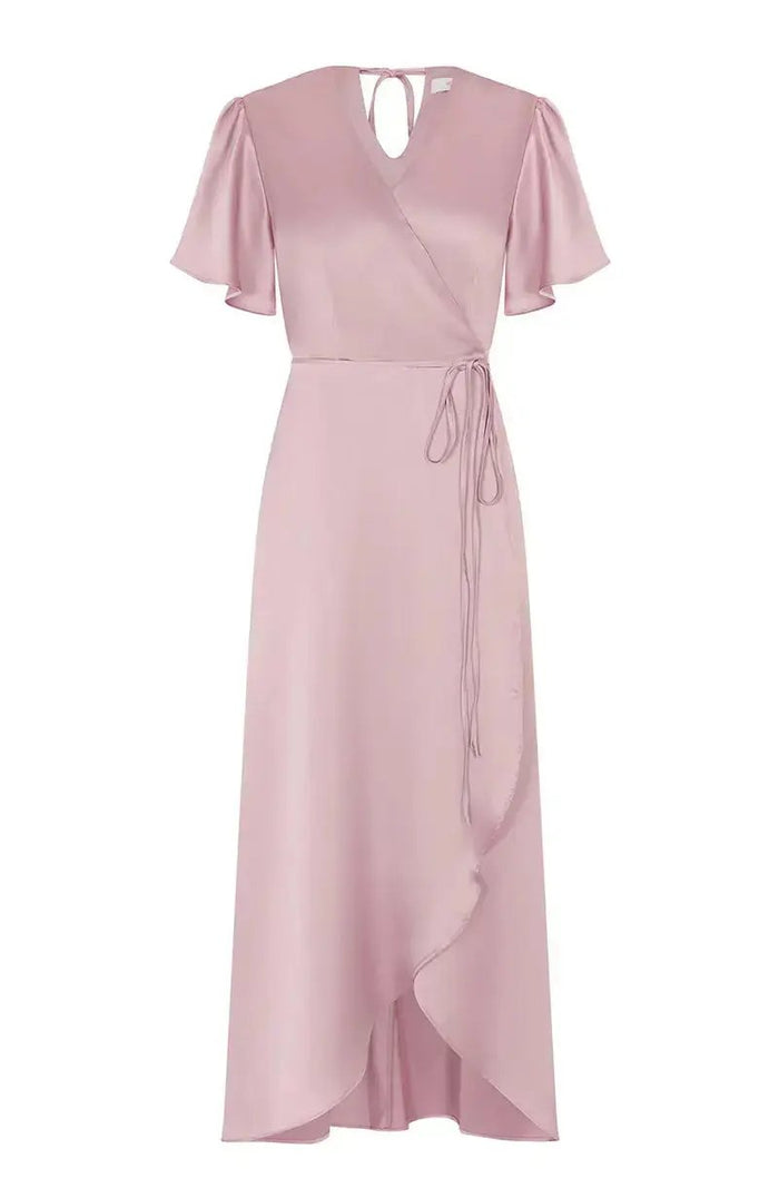 rose pink satin florence wrap waterfall bridesmaids dress
