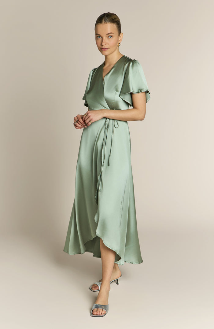 Florence Waterfall Dress in Sage Green Satin
