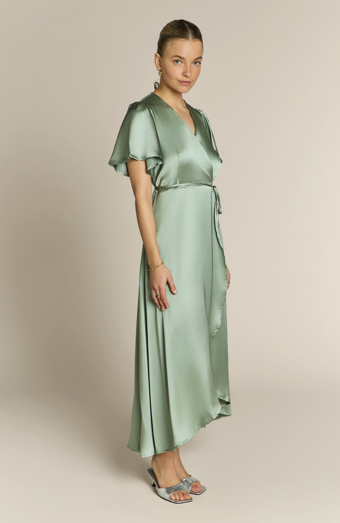 Florence Waterfall Dress in Sage Green Satin