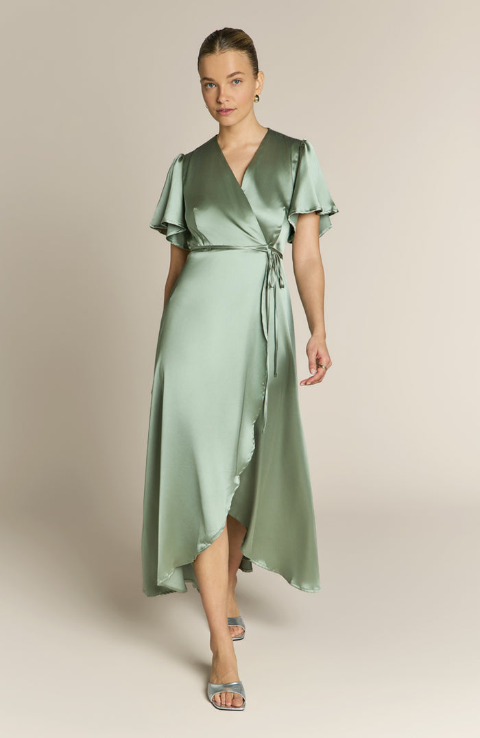 Florence Waterfall Dress in Sage Green Satin