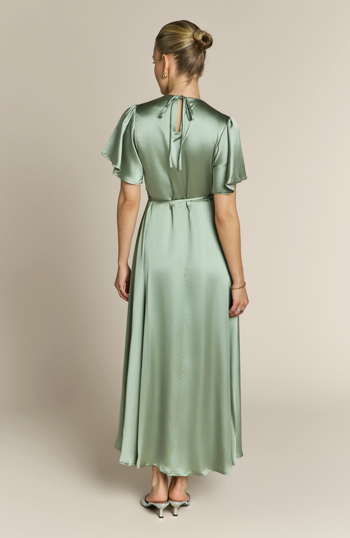Florence Waterfall Dress in Sage Green Satin
