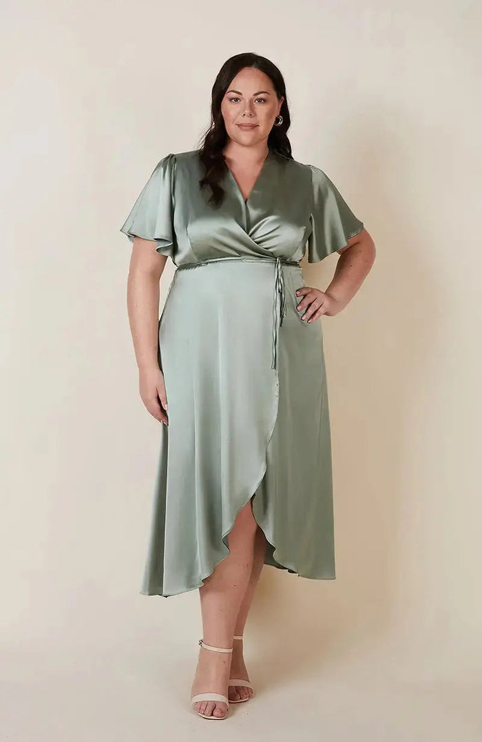 Florence Waterfall Dress in Sage Green Satin Rewritten London