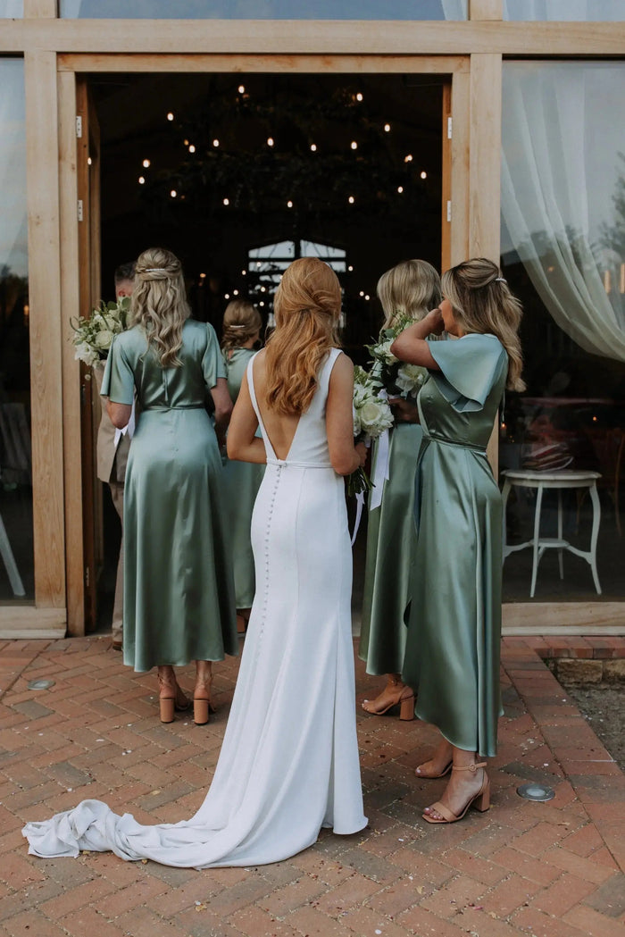 Florence Waterfall Dress in Sage Green Satin Rewritten London