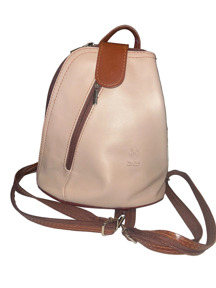 Eclectic Florenza duo-tone nude and tan Italian leather convertible backpack with diagonal front zip pocket