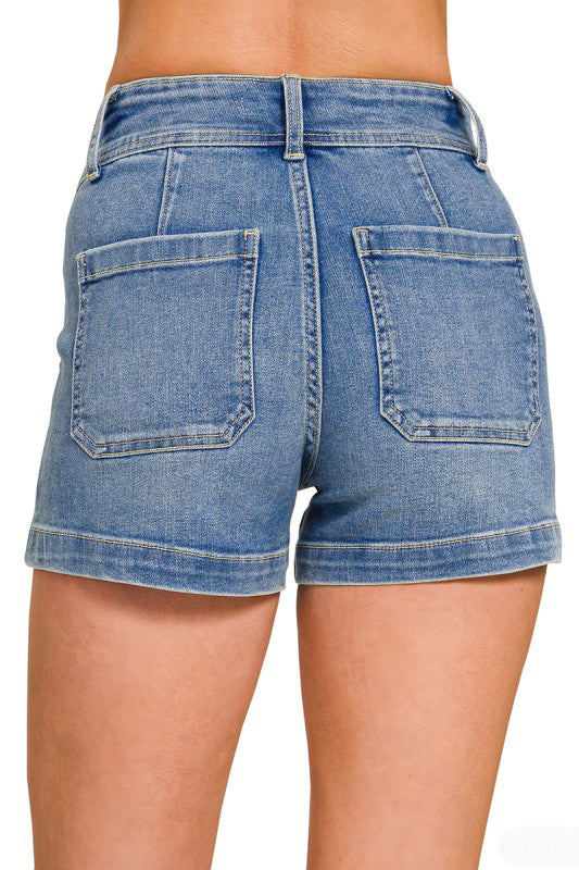 Friendly Lunch Utility Pocket Denim Shorts-Cute-Trendy-Shop-Womens-Boutique-Clothing-Store