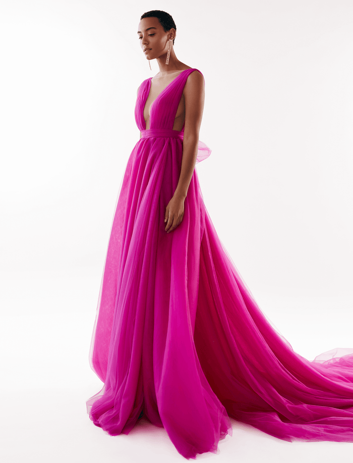Fuchsia Bow-Back Maxi Evening Tulle Dress - Milla