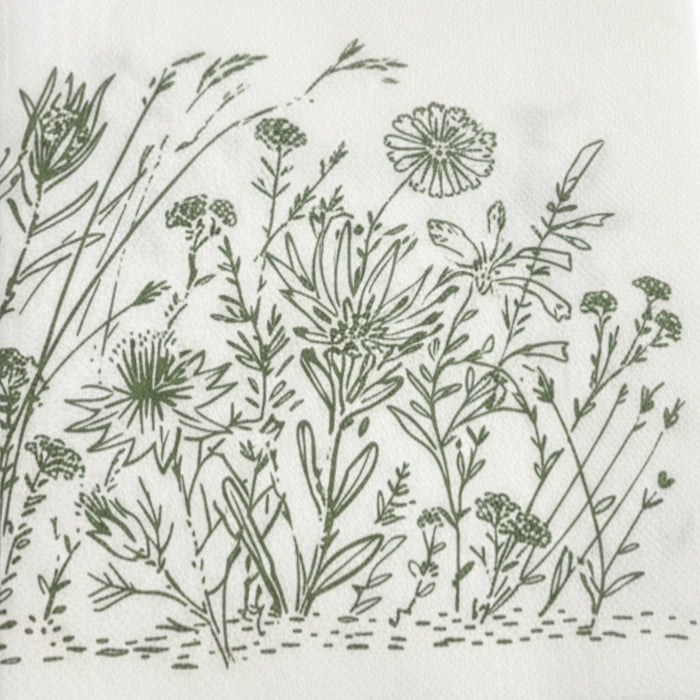 Eclectic Fynbos sage green disposable airlaid napkins with delicate botanical linework on a white background.
