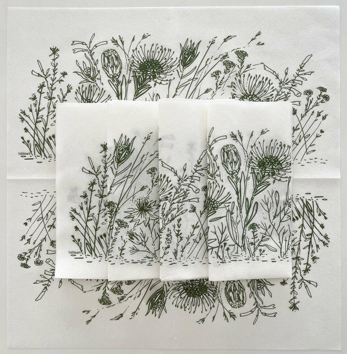 Eclectic Fynbos sage green disposable airlaid napkins with delicate botanical linework on a white background.