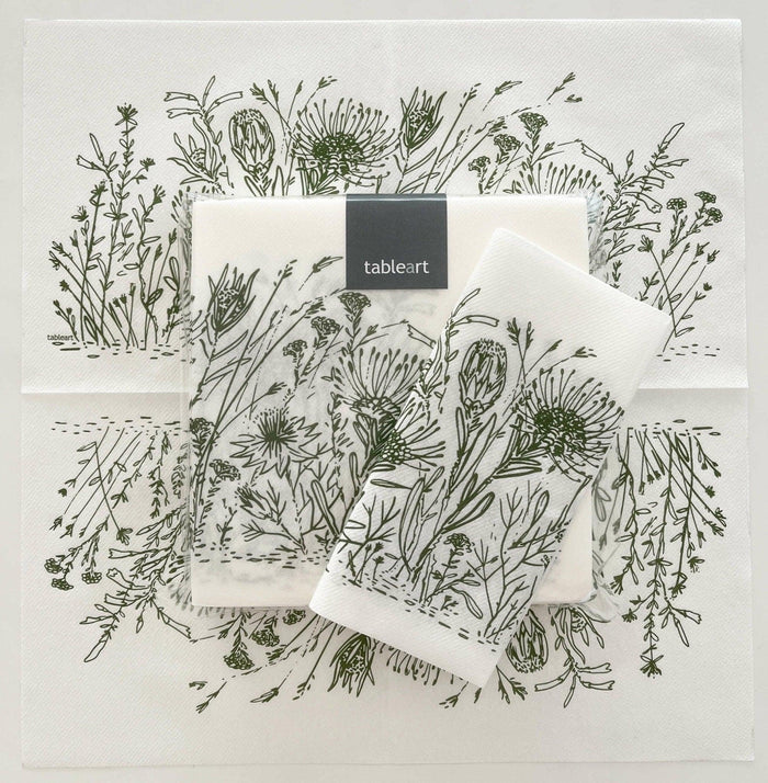 Eclectic Fynbos sage green disposable airlaid napkins with linen-like texture and botanical floral print