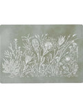 Eclectic sage green reusable placemat featuring white botanical fynbos linework on durable satin-finish paperboard.