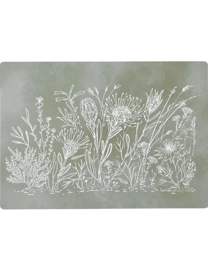 Eclectic sage green reusable placemat featuring white botanical fynbos linework on durable satin-finish paperboard.