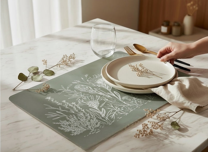 Eclectic sage green reusable placemat with white botanical fynbos illustration on a marble table with dinnerware.