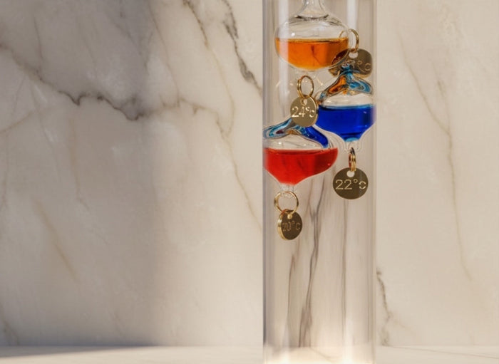 Eclectic 60cm Galileo glass thermometer with floating multi-coloured spheres against a white marble background