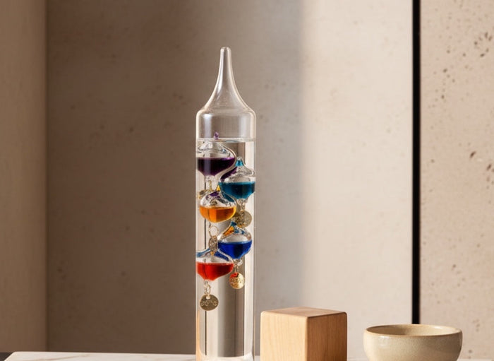 Eclectic 60cm Galileo glass thermometer with 11 colourful floating spheres in a clear liquid-filled cylinder.