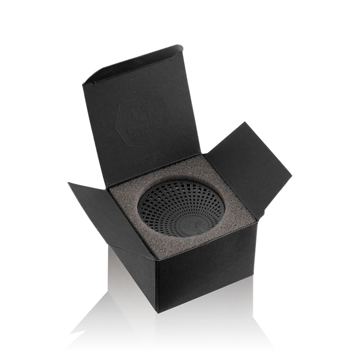 Eclectic Dr Vranjes Ginger Lime Carparfum refill in a black box with a circular diffuser insert on a black background.