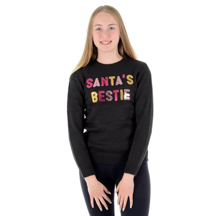 Girls Santas Bestie Christmas Jumper Gold Pink Sequins 4-5