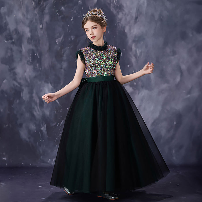 Gorgeous Dark Green Flower Girl Dress with Sparkly Sequins High Neck Glitter Tulle Evening Party Gown D357