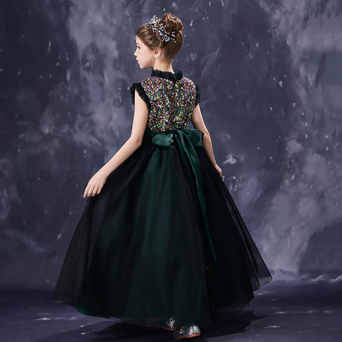 Gorgeous Dark Green Flower Girl Dress with Sparkly Sequins High Neck Glitter Tulle Evening Party Gown D357