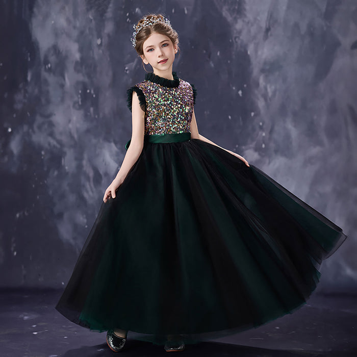 Gorgeous Dark Green Flower Girl Dress with Sparkly Sequins High Neck Glitter Tulle Evening Party Gown D357