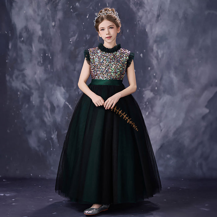 Gorgeous Dark Green Flower Girl Dress with Sparkly Sequins High Neck Glitter Tulle Evening Party Gown D357
