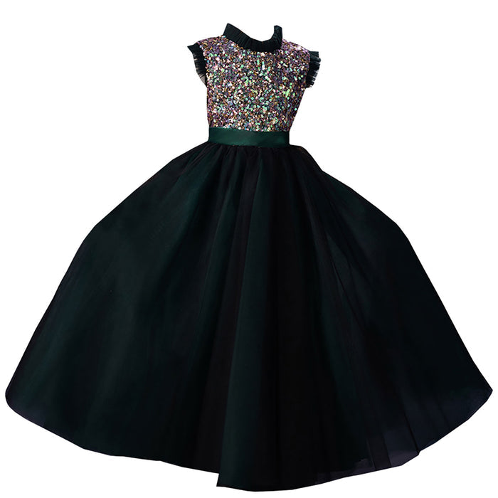 Gorgeous Dark Green Flower Girl Dress with Sparkly Sequins High Neck Glitter Tulle Evening Party Gown D357