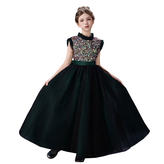 Gorgeous Dark Green Flower Girl Dress with Sparkly Sequins High Neck Glitter Tulle Evening Party Gown D357