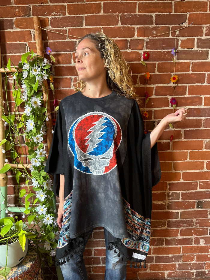 Grateful Dead Inspired Batik Stealie Embroidered Tassel Black Poncho