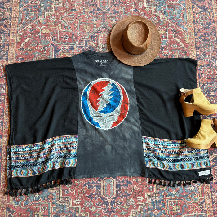 Grateful Dead Inspired Batik Stealie Embroidered Tassel Black Poncho