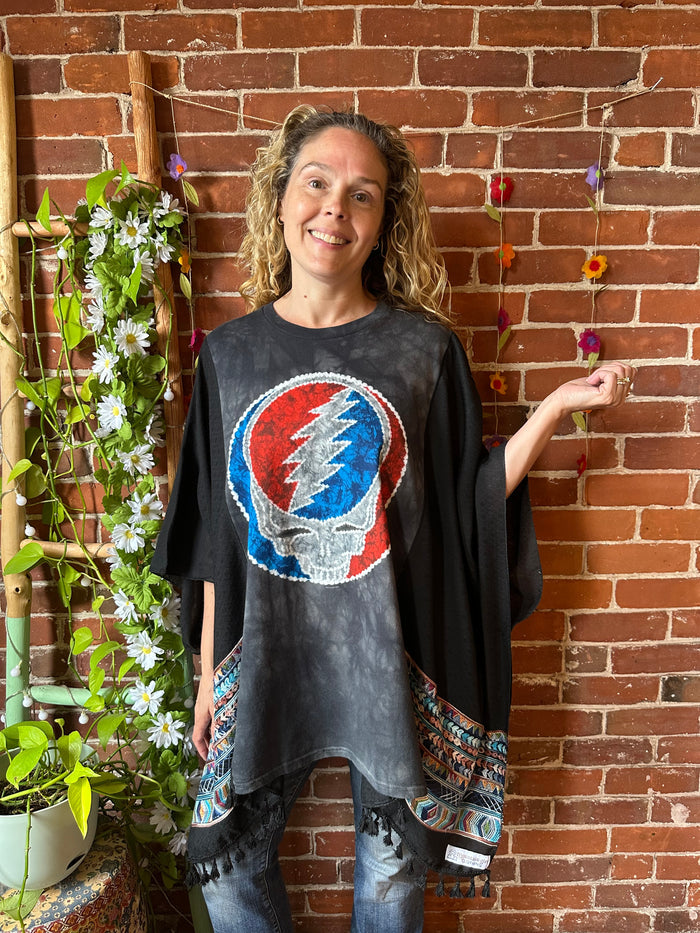 Grateful Dead Inspired Batik Stealie Embroidered Tassel Black Poncho