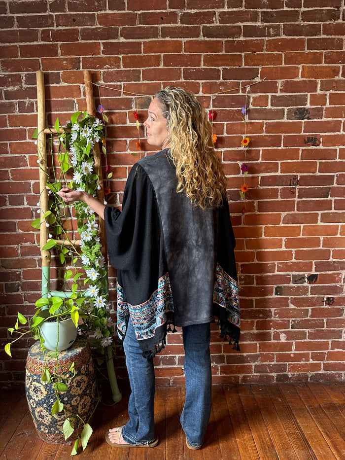 Grateful Dead Inspired Batik Stealie Embroidered Tassel Black Poncho