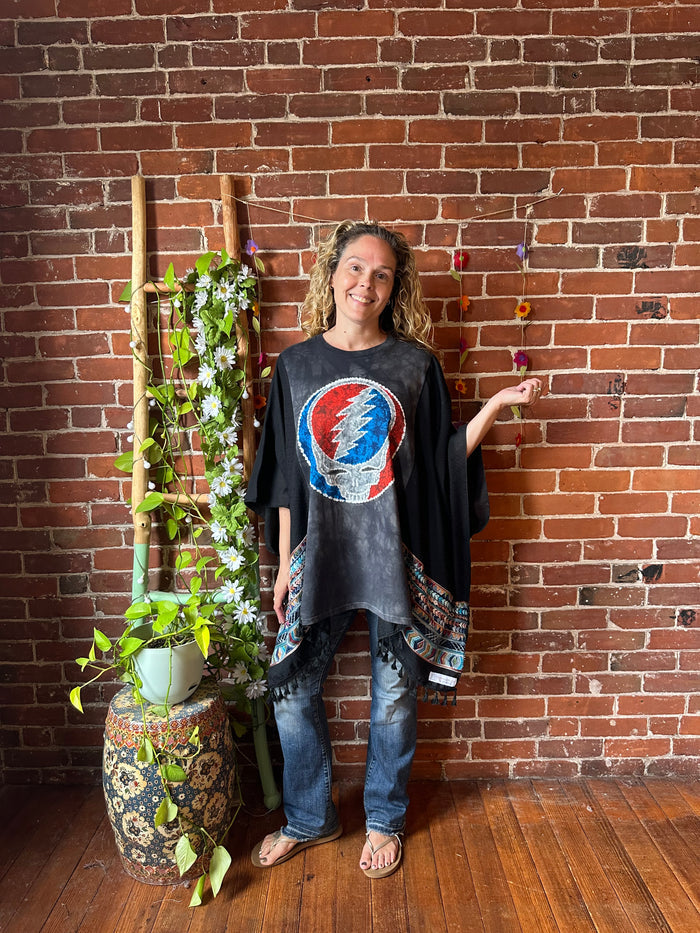 Grateful Dead Inspired Batik Stealie Embroidered Tassel Black Poncho