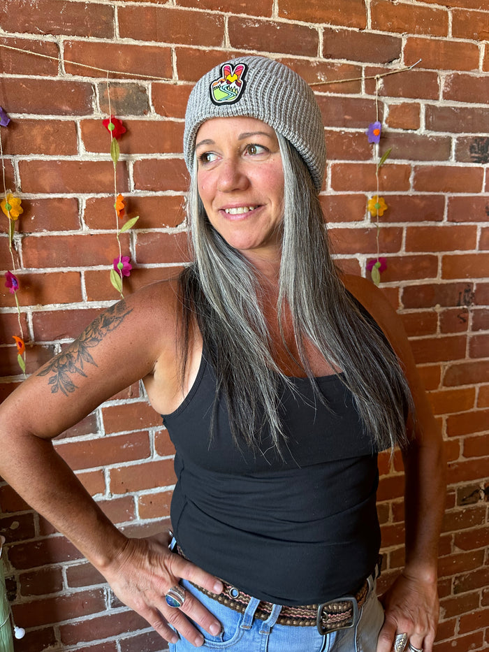 Grey - Waffle Knit Peace Beanie Hat-Final Sale