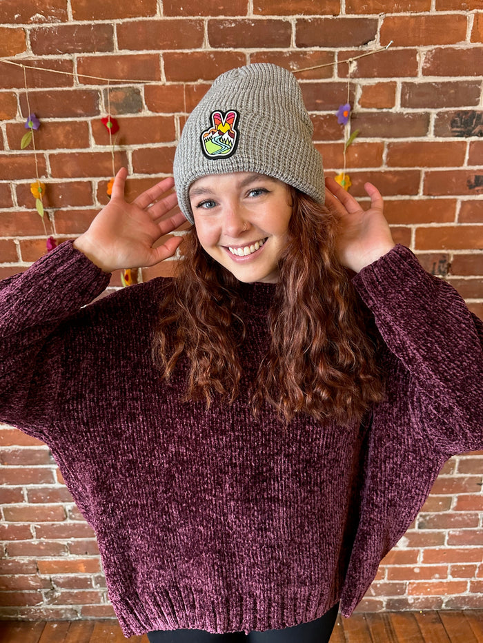 Grey - Waffle Knit Peace Beanie Hat-Final Sale