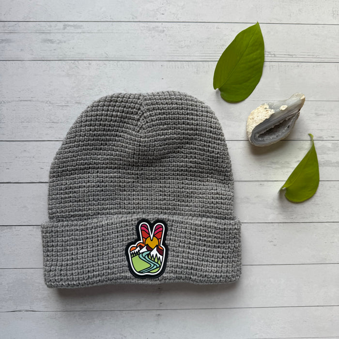 Grey - Waffle Knit Peace Beanie Hat-Final Sale