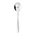 Eclectic Sambonet Hannah bouillon spoon in mirror-polished 18/10 stainless steel with a sculptural, elegant design.