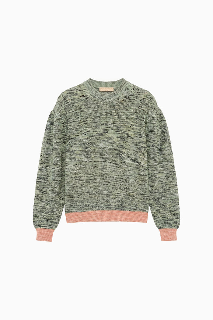 Piedstone Jade Mélange Cotton Illesa Knit Pullover with Salmon Trim - Flat Lay | Ulla Johnson