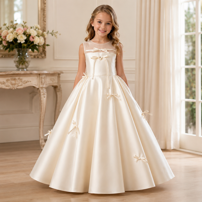 Ivory Satin Illusion Neck Ball Gown Flower Girl Dress with Bow Accents D361