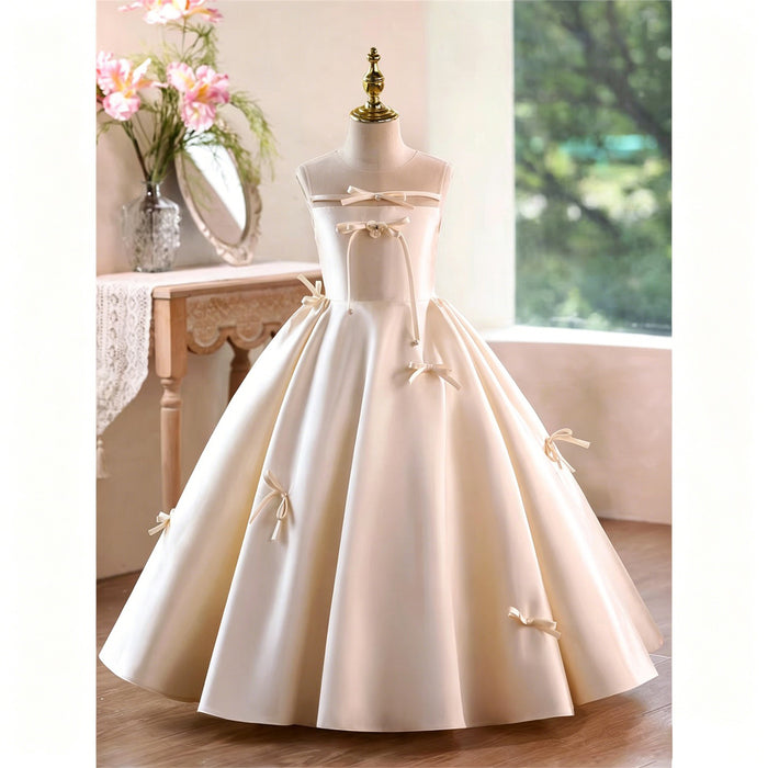 Ivory Satin Illusion Neck Ball Gown Flower Girl Dress with Bow Accents D361