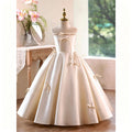 Ivory Satin Illusion Neck Ball Gown Flower Girl Dress with Bow Accents D361
