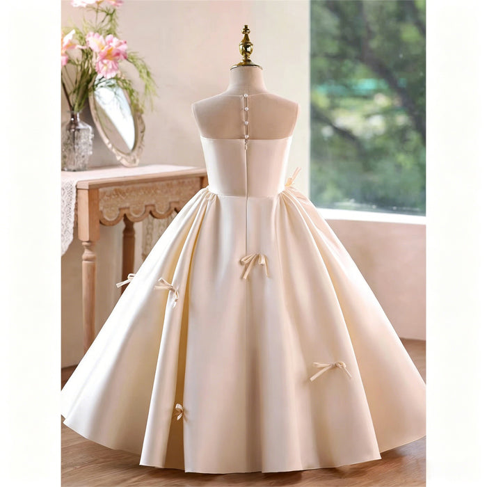 Ivory Satin Illusion Neck Ball Gown Flower Girl Dress with Bow Accents D361