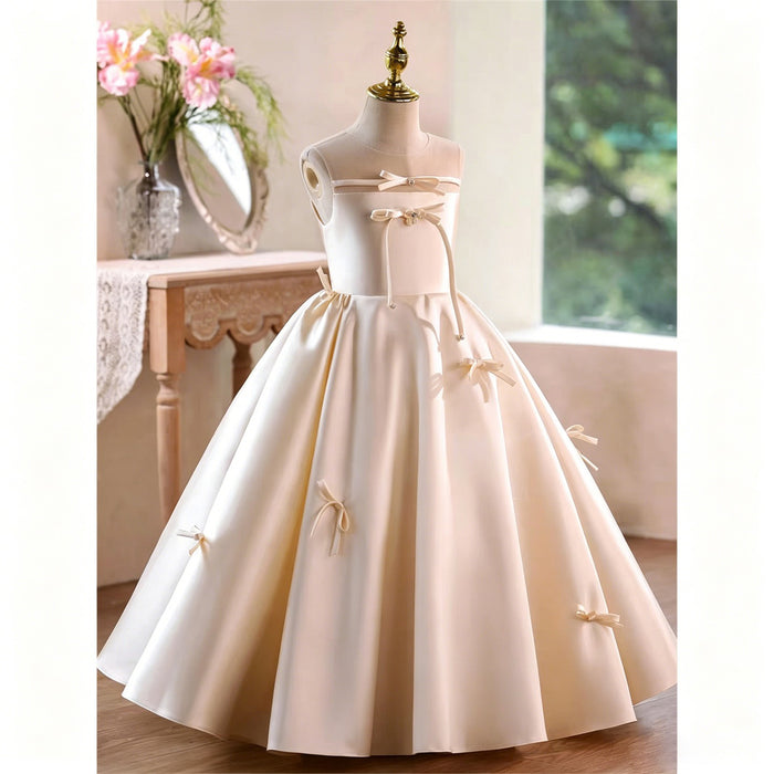 Ivory Satin Illusion Neck Ball Gown Flower Girl Dress with Bow Accents D361
