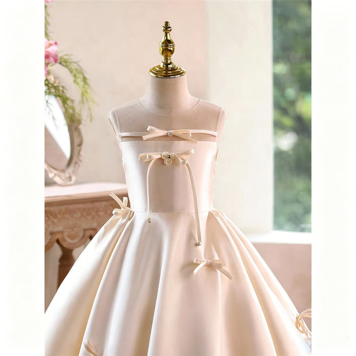 Ivory Satin Illusion Neck Ball Gown Flower Girl Dress with Bow Accents D361