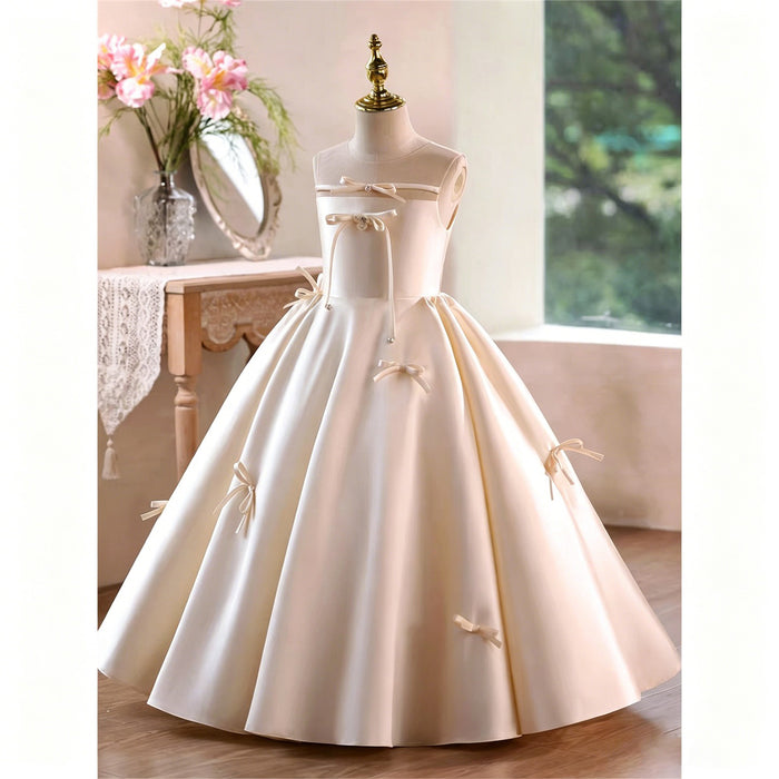 Ivory Satin Illusion Neck Ball Gown Flower Girl Dress with Bow Accents D361