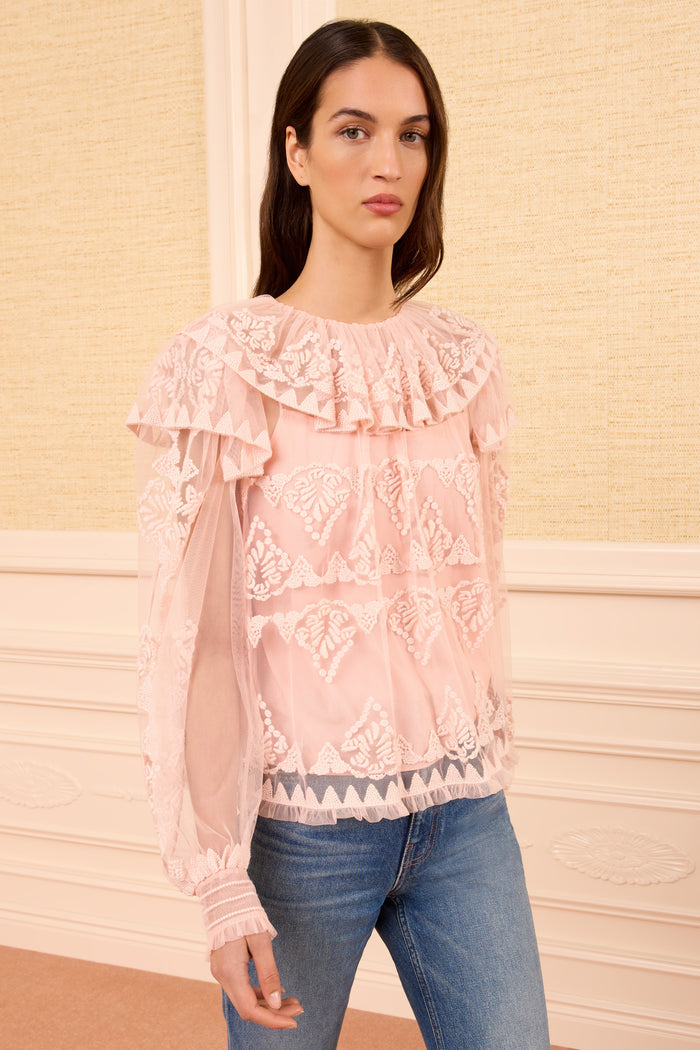 Blush Tulle Lace Embroidered Blouse - Front View on Model | Ulla Johnson