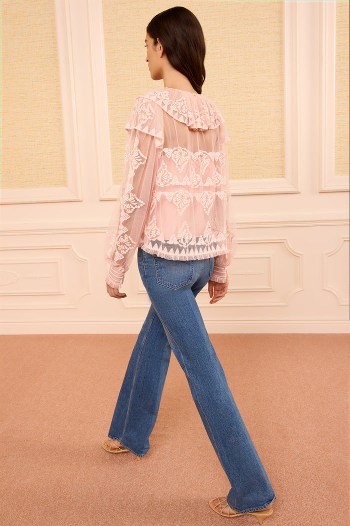 Blush Luxury Tulle Lace Embroidered Blouse - Back View on Model | Ulla Johnson