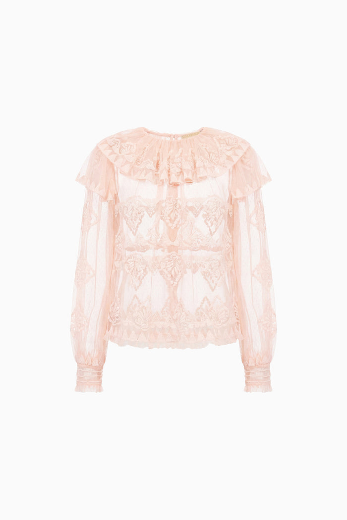 Blush Tulle Lace Long Sleeve Blouse - Flat Lay Front | Ulla Johnson